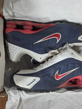 Boy's Nike Shox Running Sneakers - Navy Blue, White & Red